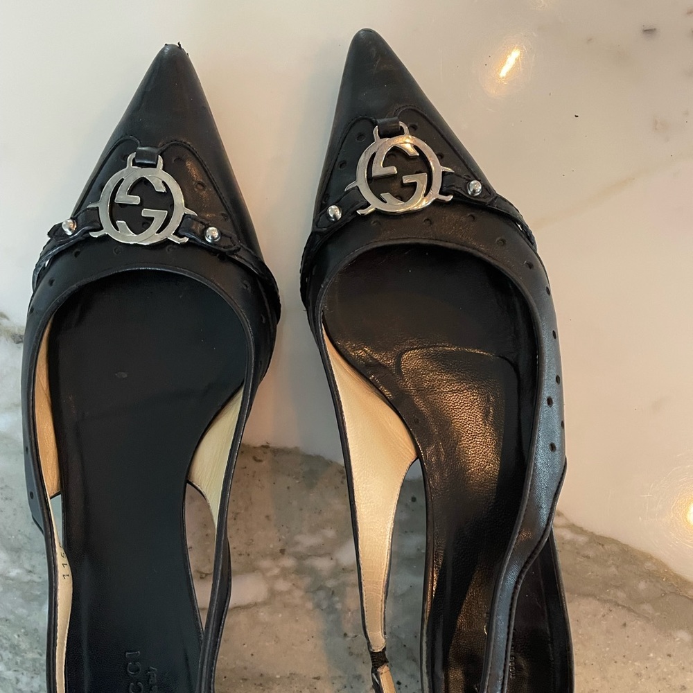Gucci slingback kitten heels.